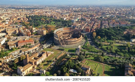 Aerial drone photo of iconic park of Colosseum, a vast archaeological zone encompassing ancient sites like the Colosseum, Circus Maximus and Ancient Forum, Rome historic centre, Italy