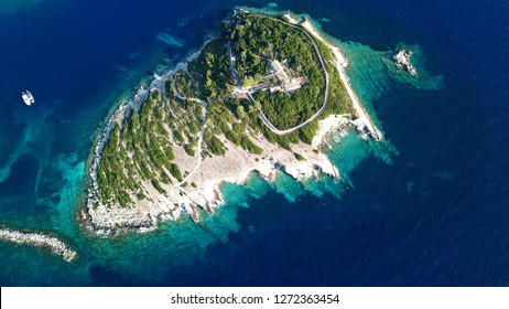 Aerial Drone Photo Of Iconic Small Island Of Panagia Next To Safe Harbor Of Gaios, Paxos Island, Ionian, Greece