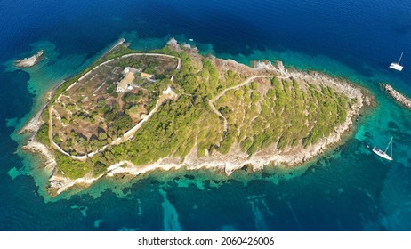 Aerial Drone Photo Of Iconic Small Island Of Panagia Next To Safe Harbor Of Gaios, Paxos Island, Ionian, Greece