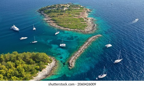 Aerial Drone Photo Of Iconic Small Island Of Panagia Next To Safe Harbor Of Gaios, Paxos Island, Ionian, Greece