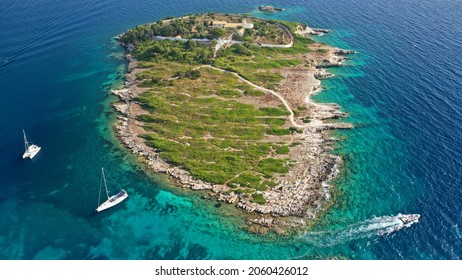 Aerial Drone Photo Of Iconic Small Island Of Panagia Next To Safe Harbor Of Gaios, Paxos Island, Ionian, Greece