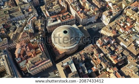 Aerial drone photo of iconic temple of Pantheon built in 118 to 125 A.D. with a dome and renaissance tombs, including Raphael's, Rome historic centre, Italy