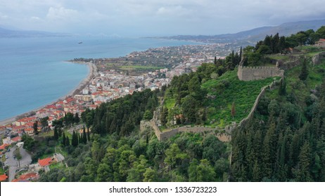 Aerial drone photo of iconic Venetian uphill castle of Nafpaktos famous from battle of Lepanto a historic event of great importance and views to Corinthian gulf, Aitoloakarnania, Greece
