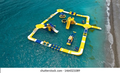 Aerial Drone Photo Of Inflatable Water Park Located In Mediterranean Destination Sandy Beach