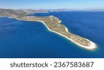 Aerial drone photo of Kinosoura long peninsula of land in paradise beach of Schoinias or Schinias, Marathon, Attica, Greece