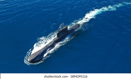 Aerial Drone Photo Of Latest Technology Navy Armed Diesel Powered Submarine Cruising Half Submerged In Deep Blue Sea