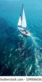 Aerial Drone Photo Of Luxury Sail Boat Cruising In Caribbean Tropical Open Ocean Sea