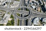 Aerial drone photo of multilevel ring circular junction of Kifisias Avenue, National motorway and Attiki odos crossing Attica prefecture, Marousi, Greece 