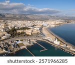 Aerial drone photo of the old fortress and coastal town of Manfredonia in Puglia, southern Italy.