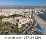 Aerial drone photo of the old fortress and coastal town of Manfredonia in Puglia, southern Italy.