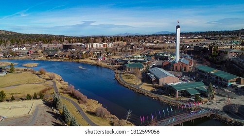 Aerial drone photo of the old mill on the Deschutes River in Bend, Oregon.