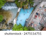 Aerial drone photo of outdoor swimming pools in Pozar baths, Loutraki near Edessa, Macedonia, Greece  