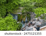 Aerial drone photo of outdoor swimming pools in Pozar baths, Loutraki near Edessa, Macedonia, Greece  