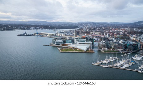 Aerial Drone Photo Over Aker Brygge In Oslo, Norway