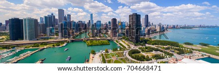Aerial drone photo panorama of Downtown Chicago by the Navy Pier