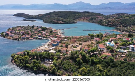 Aerial drone photo of picturesque small island of Trizonia the only inhabited island in Corinthian gulf, Central Greece - Shutterstock ID 2230367605