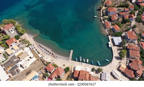 Aerial drone photo of picturesque small island of Trizonia the only inhabited island in Corinthian gulf, Central Greece - Shutterstock ID 2230367617