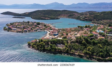 Aerial drone photo of picturesque small island of Trizonia the only inhabited island in Corinthian gulf, Central Greece - Shutterstock ID 2230367619