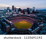 Aerial drone photo - Skyline of Denver Colorado at sunset