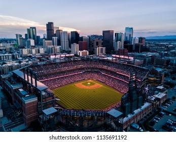 Aerial drone photo - Skyline of Denver Colorado at sunset - Powered by Shutterstock