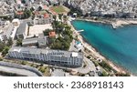 Aerial drone photo of small cosy bay of Hellenic Naval and coast guard Academies in Piraiki area of Piraeus port, Attica, Greece