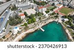 Aerial drone photo of small cosy bay of Hellenic Naval and coast guard Academies in Piraiki area of Piraeus port, Attica, Greece