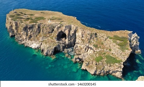 Aerial Drone Photo Of Small Islet Of Tsihli Baba With Iconic Rocky Arch And Monument Of French Naval Forces In Battle Of Navarino Next To Sfaktiria Island, Pylos, Peloponnese, Greece