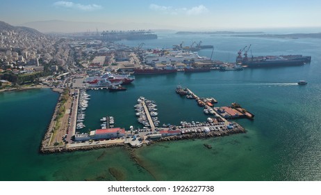 Aerial Drone Photo Of Small Port Next To Shipyard And Ship Repair Area Of Perama Next To Island Of Salamina, Attica, Greece