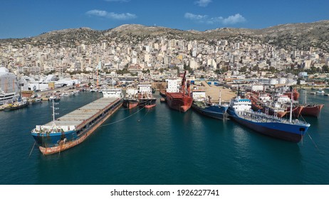 Aerial Drone Photo Of Small Port Next To Shipyard And Ship Repair Area Of Perama Next To Island Of Salamina, Attica, Greece