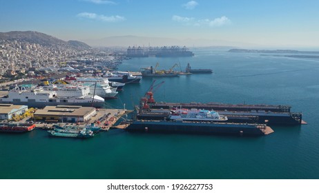 Aerial Drone Photo Of Small Port Next To Shipyard And Ship Repair Area Of Perama Next To Island Of Salamina, Attica, Greece