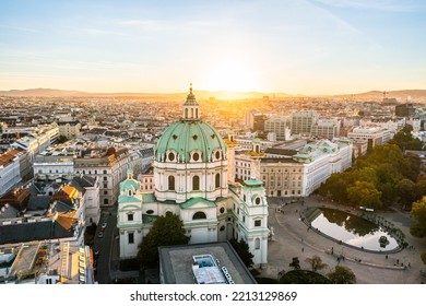 Aerial Drone Photo - St. Charles Church "Karlskirche" at sunset. Vienna, Austria