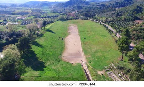 Aerial drone photo of stadium in archaeological site of Ancient Olympia birthplace of the world famous Olympic games, Peloponnese, Greece
