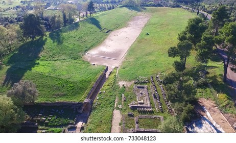 Aerial drone photo of stadiun in archaeological site of Ancient Olympia, Peloponnese, Greece