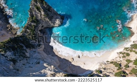 Aerial drone photo of steep white cliffs in secluded paradise beach in Northern part of Kefalonia island, Ionian ,Greece