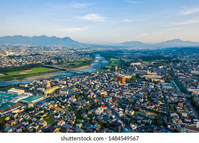 Aerial Drone Photo - Sunrise Over The City Of Maebashi, Gunma Prefecture.  Japan, Asia