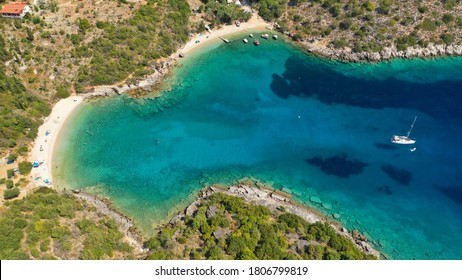 Aerial view of Karma white beach in emerald tropical sea at lipe island