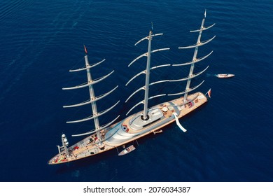 Aerial drone photo of unique and iconic Super Yacht Maltese Falcon sail boat cruising in the deep blue Aegean sea in Greece