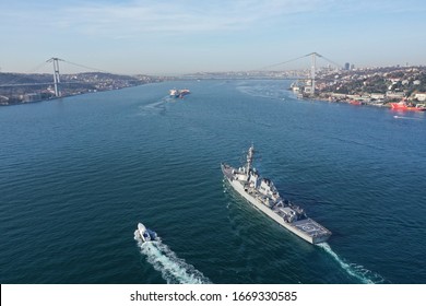 Aerial Drone Photo Of U.S. Navy Ship In Istanbul Strait, Turkey