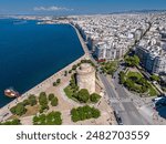 Aerial drone photo of the White Tower of Thessaloniki , Greece