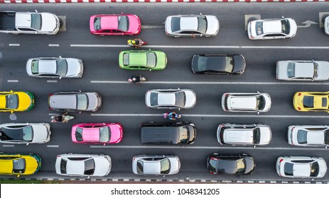 Aerial Drone Photograph Of Traffic Jam In Metropolis City.