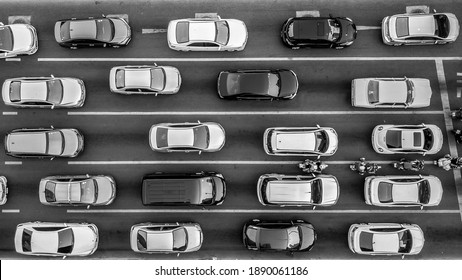 Aerial Drone Photograph Of Traffic Jam In Metropolis City.