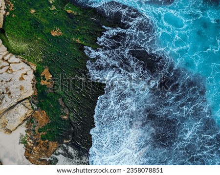 An aerial drone photograph of a wave washing over a seaweed covered rock at the beach, creating beautiful coastal textures, Sydney, Australia.