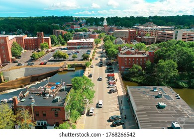 Aerial Drone Photography Of The Downtown Streets Of Dover, NH (New Hampshire) In The Summer 