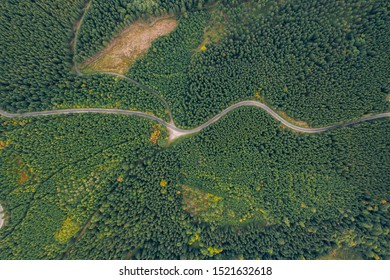 Aerial Drone Photography Of A Road In The Mountains, Top-down View. Poland, Czech Republic Border. 