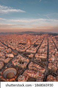 Aerial Drone Shot Of Barcelona City Center In Morning Time