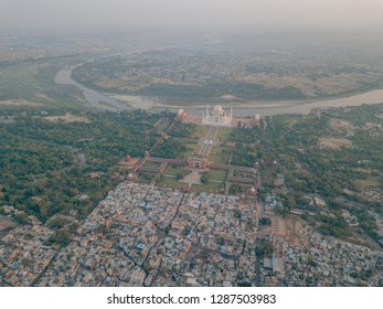 Aerial Drone Shot Of The Beautiful Taj Mahal In Agra, India