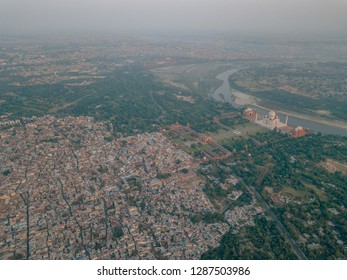 Aerial Drone Shot Of The Beautiful Taj Mahal In Agra, India