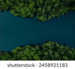 Aerial drone shot of blue water lake with green forest, Kerala nature landscape scenery