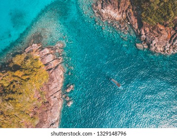 Aerial Drone Shot Of  Boat In The Sea. View From  Koh Chang Thailand