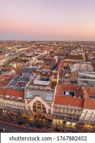 Aerial Drone Shot Of Bubble Bar Terrace On Rooftop Of Budapest Building In Sunset